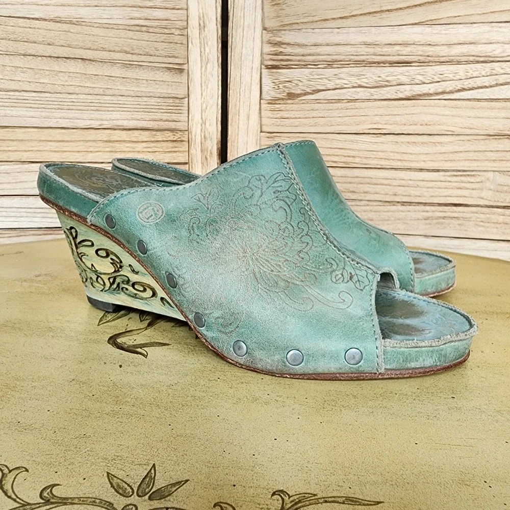 Neosens EU 38 US 7.5 8 Anthropologie Green Leather Wedge Sandals Mules Boho